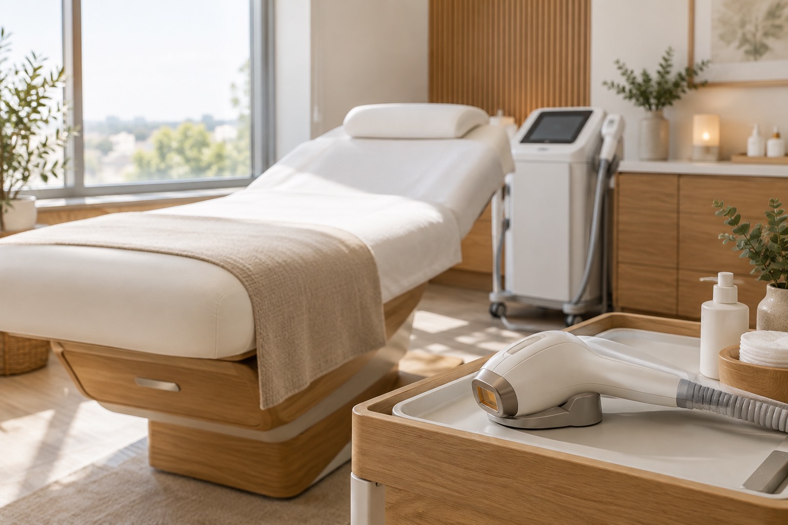 A quiet laser hair removal treatment room with a handheld laser device on a tray beside the treatment bed