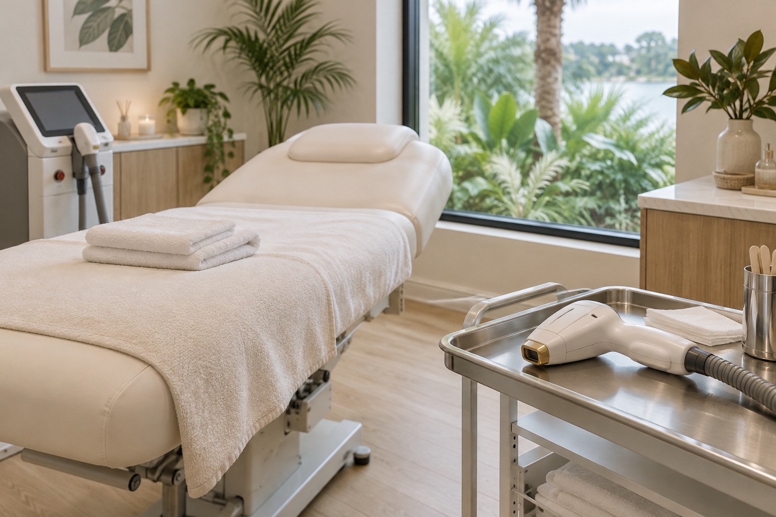 Laser hair removal treatment bed and handheld laser device in a clinic in Baton Rouge, Louisiana