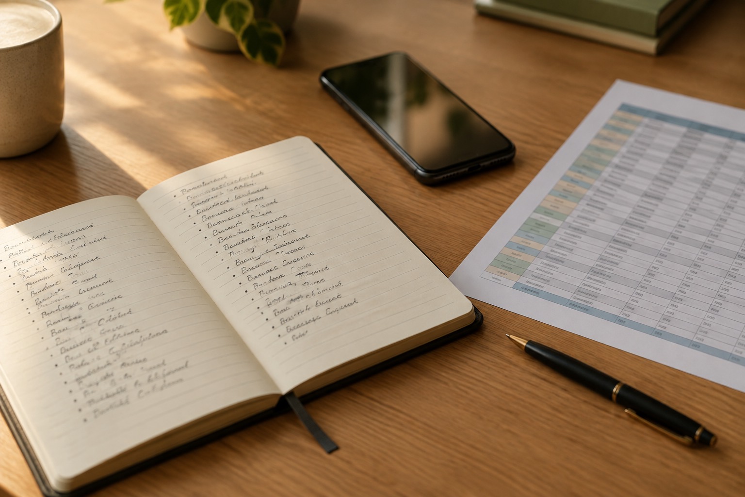 Desk with a notebook, a phone and a printed list of clinics used to verify coverage
