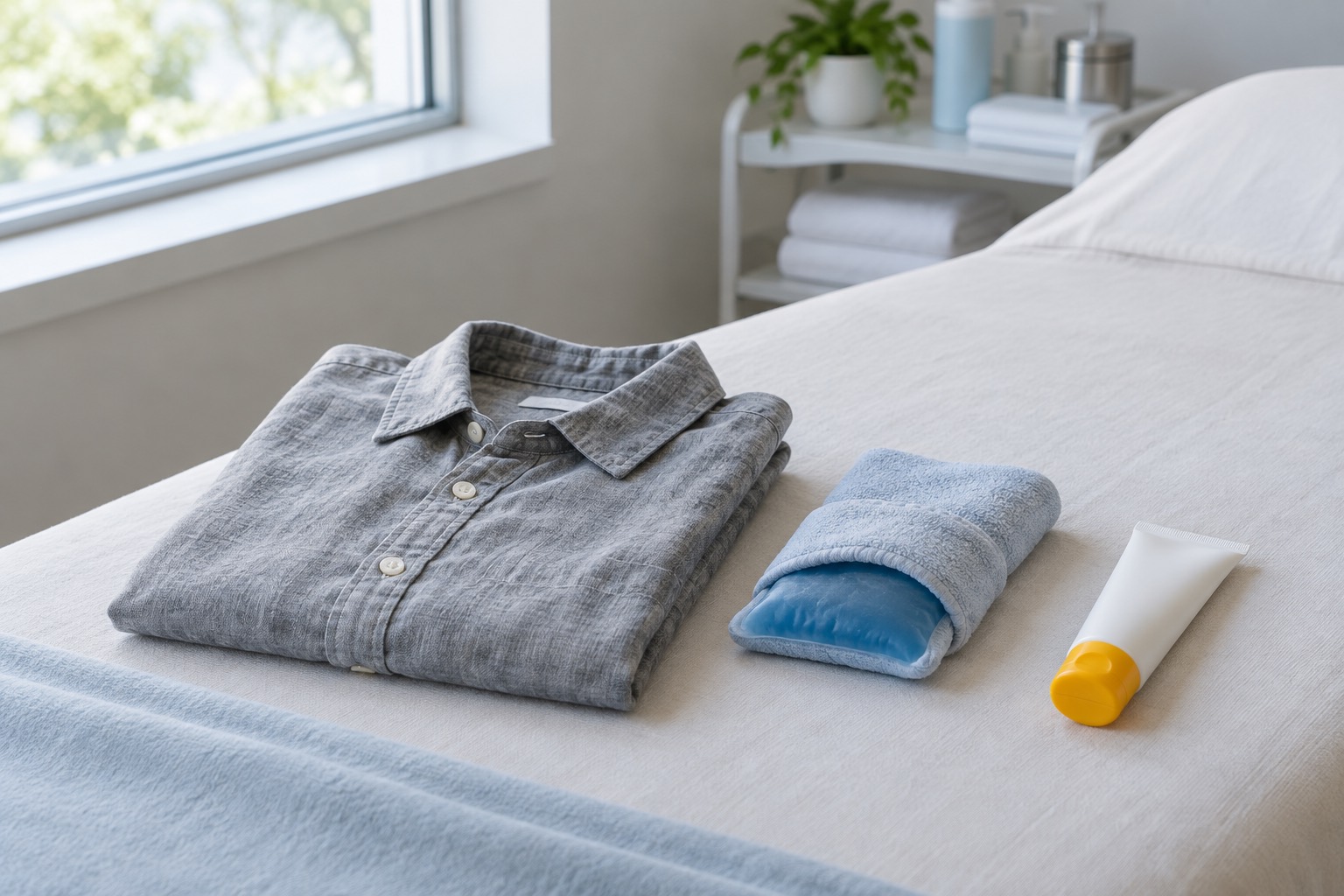 Cooling gel pack and loose clothing folded on a bed beside a clinic treatment room window