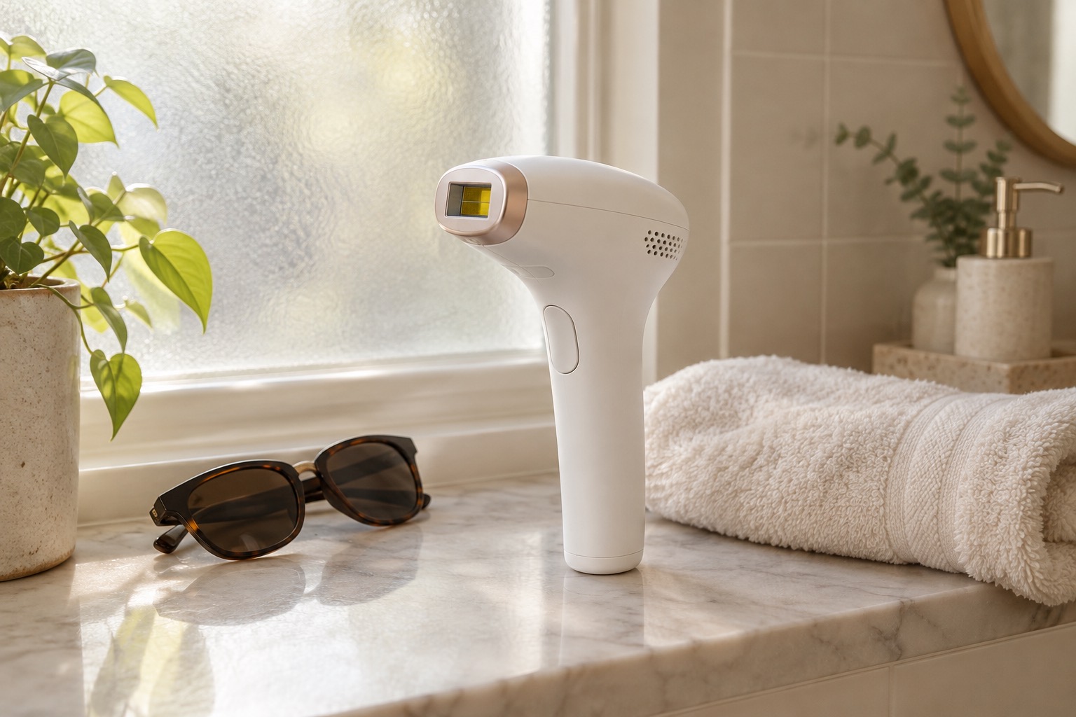 A handheld at-home hair removal device on a bathroom shelf next to protective glasses