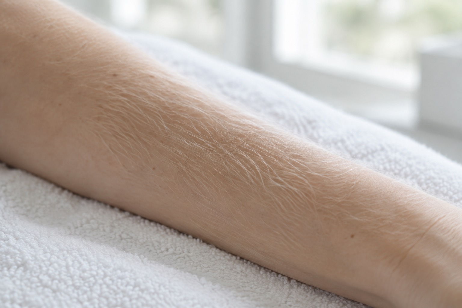 Close view of light blonde hair on a forearm under soft clinic light