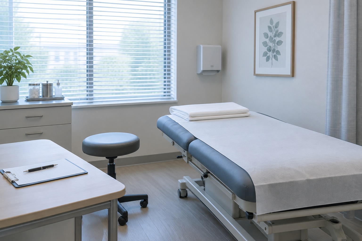 Consultation room with a treatment bed, stool and clipboard on a side table
