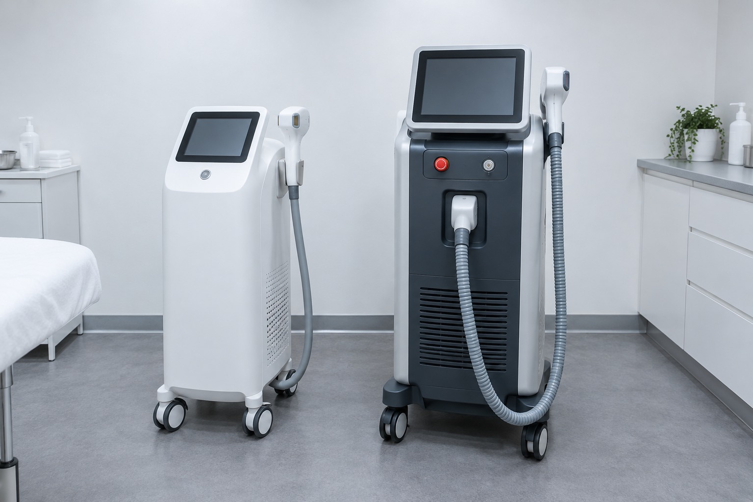 Two laser hair removal devices side by side in a clinic room