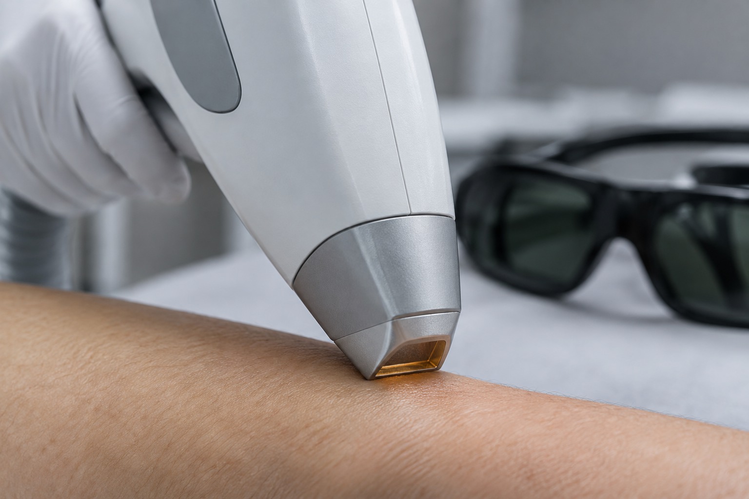 Close view of a laser handpiece emitting a pulse against a patch of skin