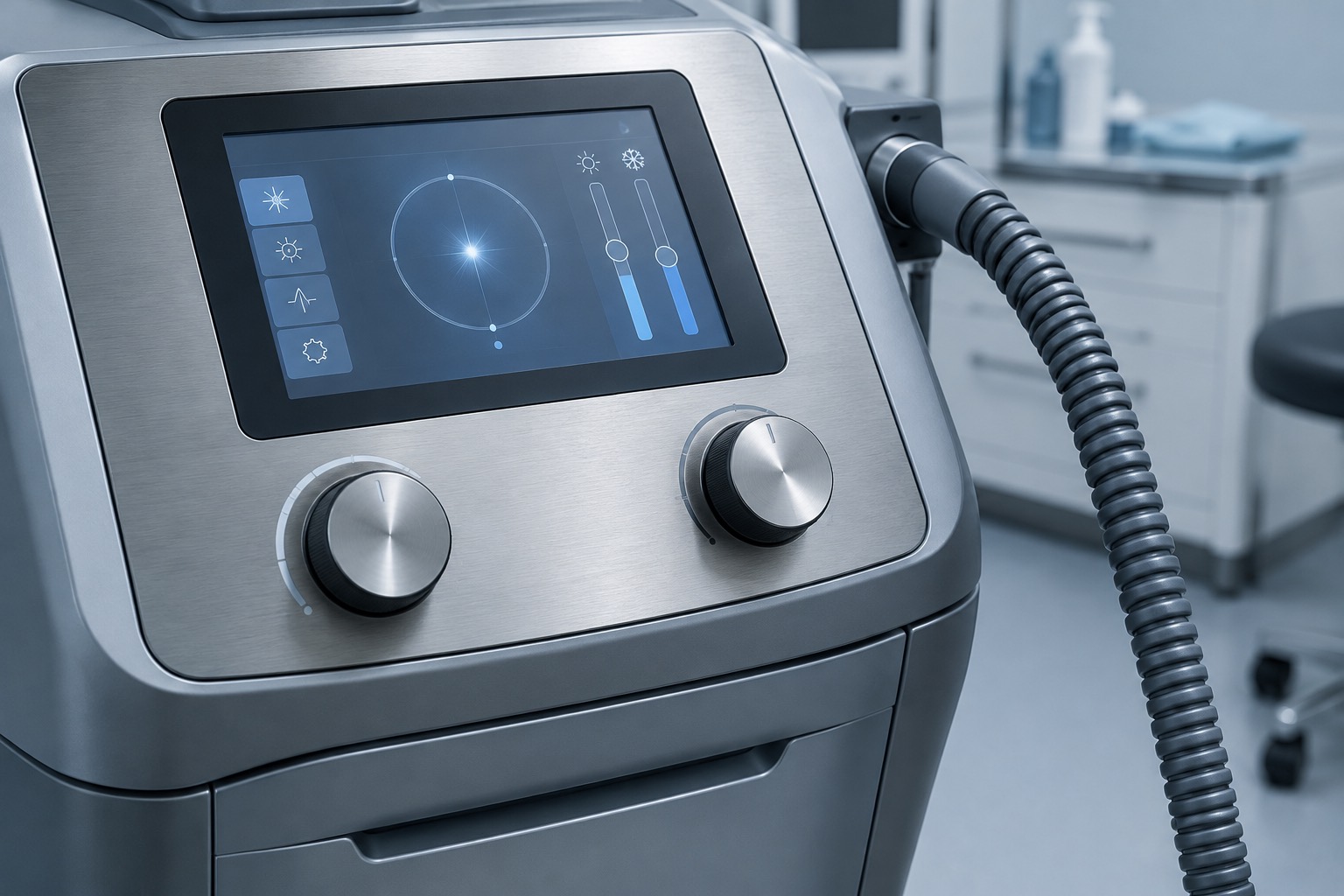 Control panel of a laser hair removal console showing dials and a coiled cable