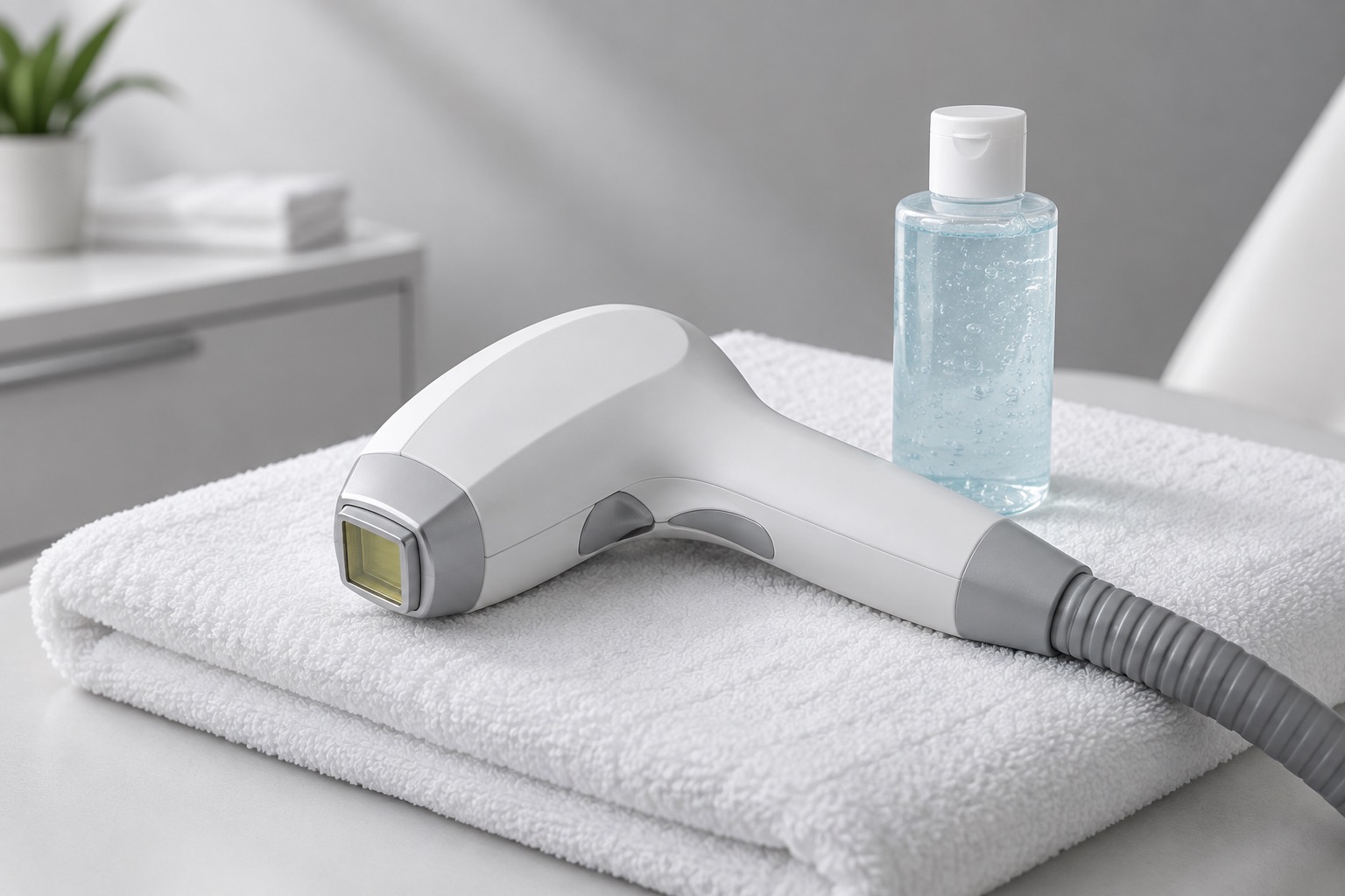 Close view of a laser handpiece resting on a folded clinic towel