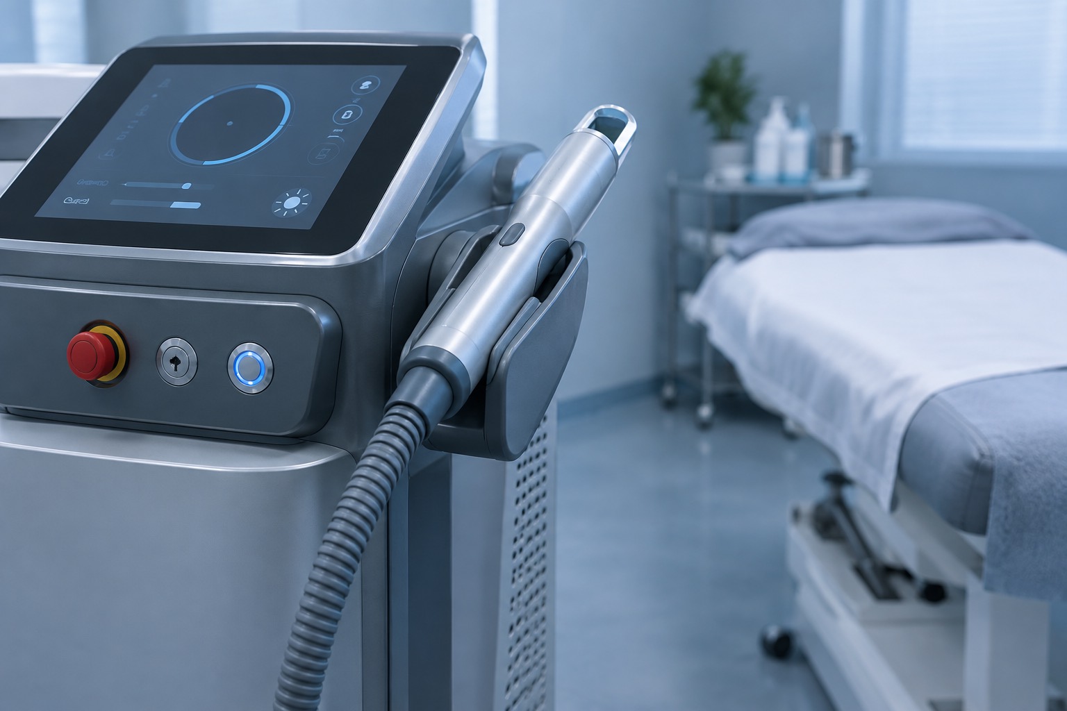 Nd:YAG laser device with a long-pulse handpiece in a treatment room
