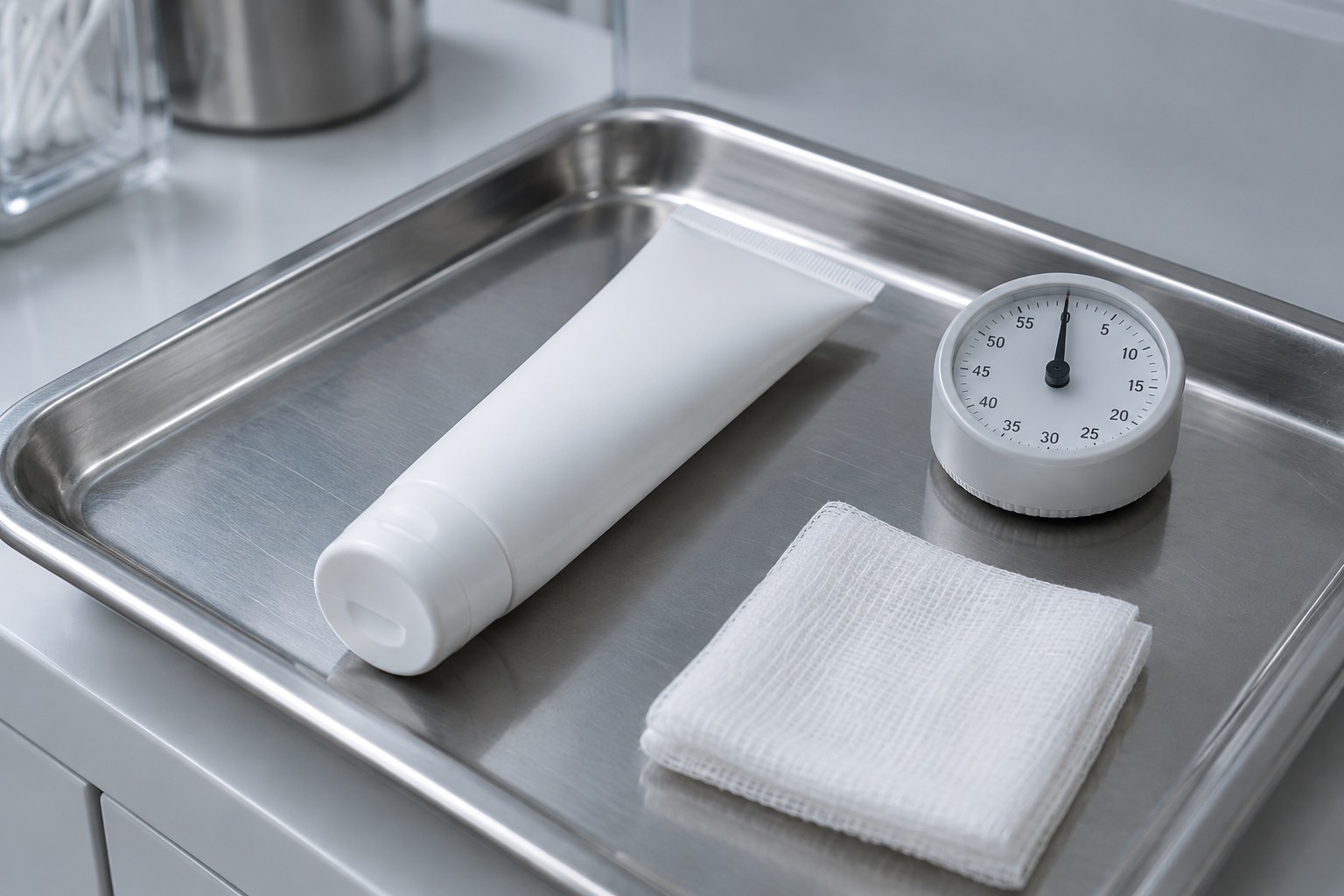 Small tube of topical anaesthetic cream and a timer on a clinic side table