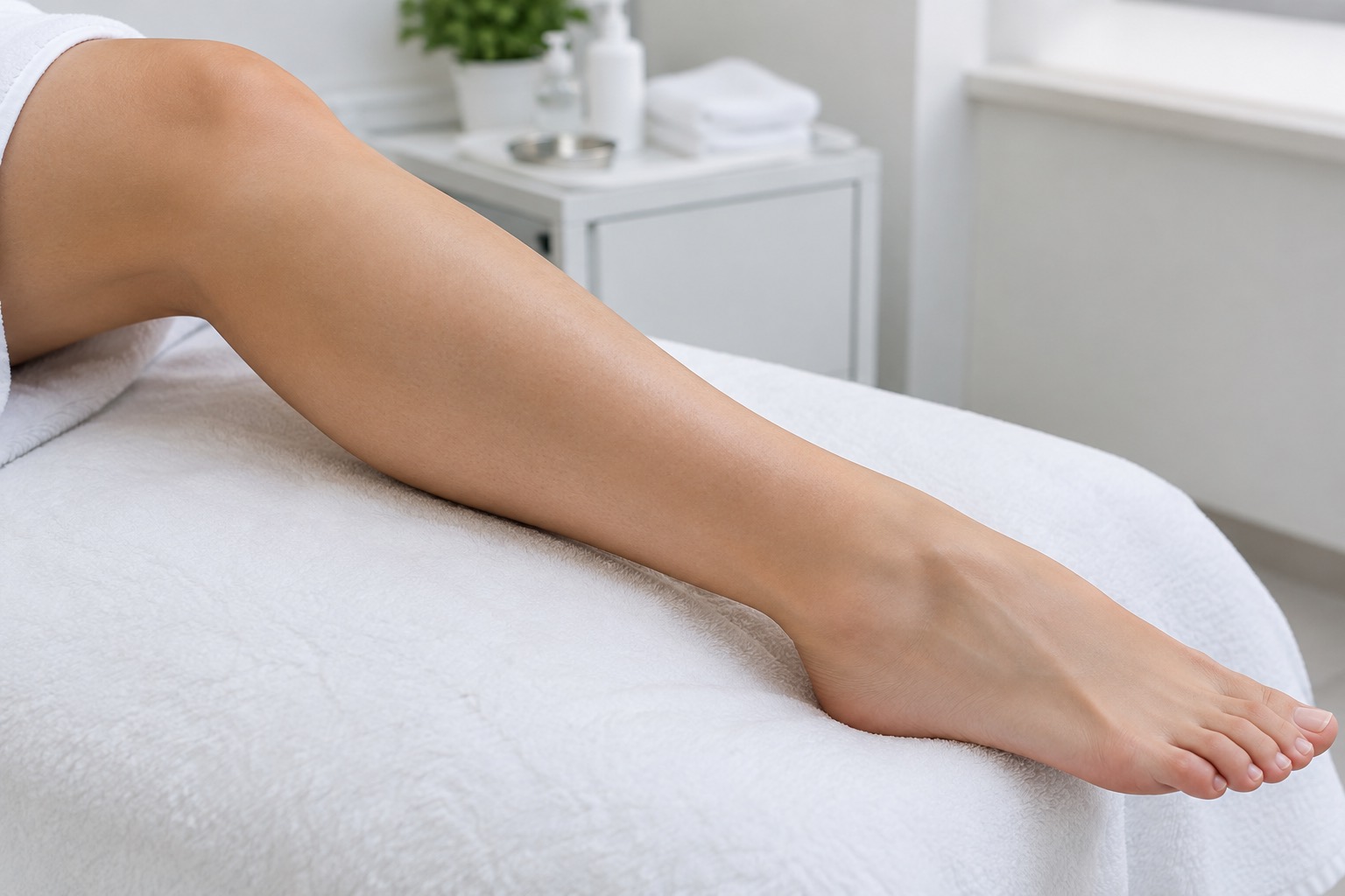 Comparison of a treated and untreated patch of skin on a leg, months after a course