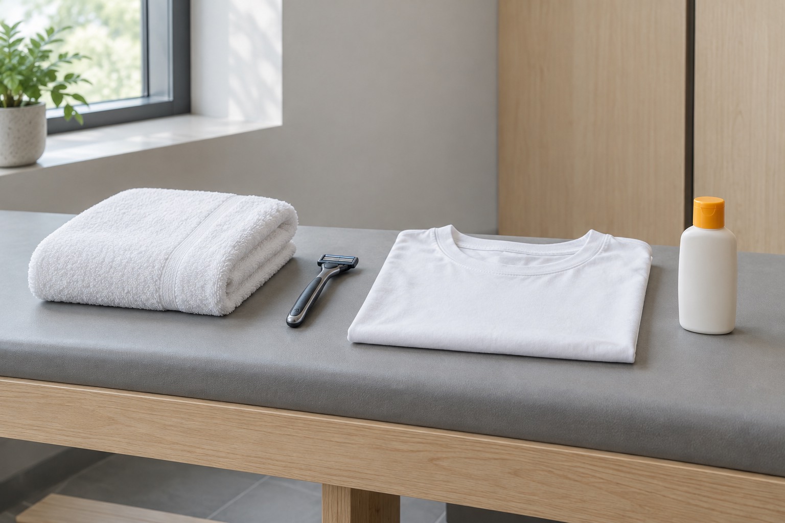 Folded towel, razor and loose cotton clothing laid out on a clinic bench before a treatment