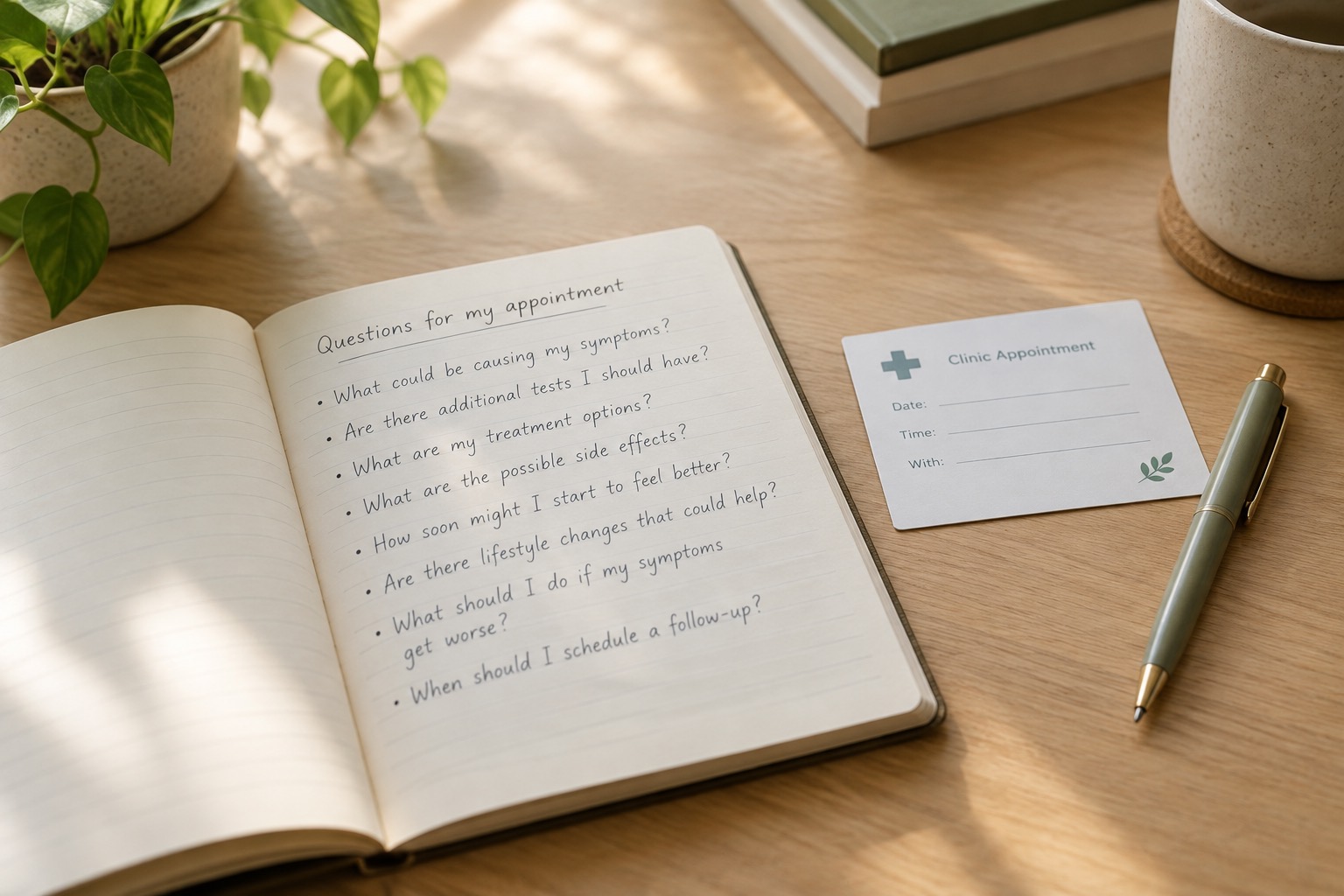 Notebook with handwritten questions beside a clinic appointment card on a desk