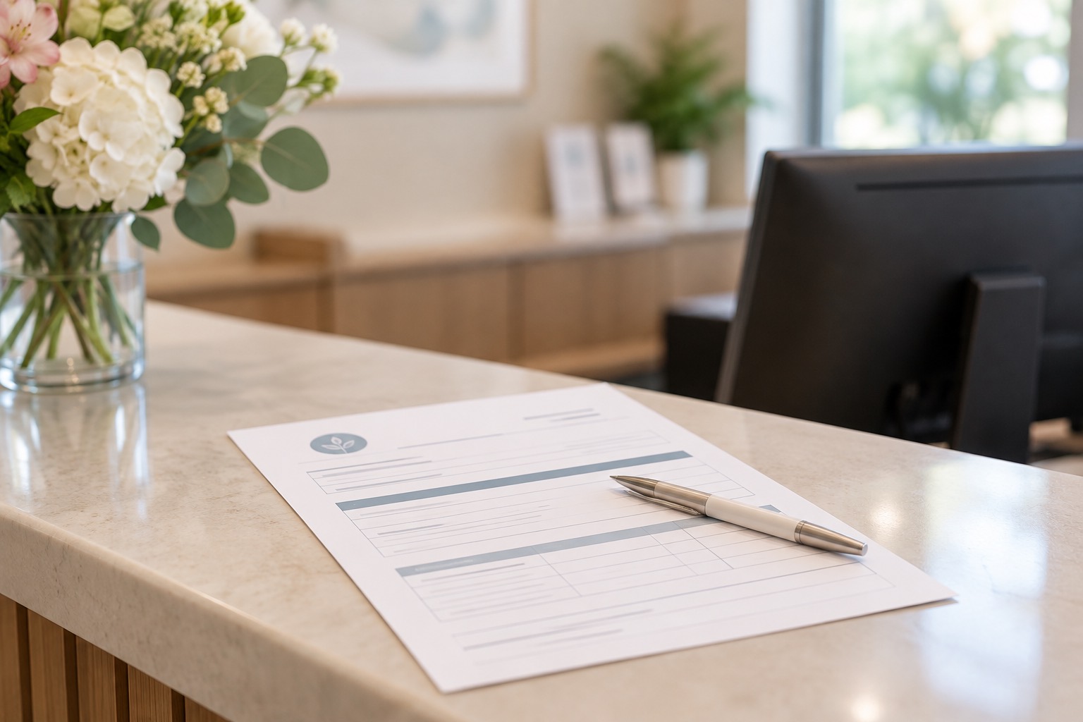 A clinic quotation form with line items on a reception desk