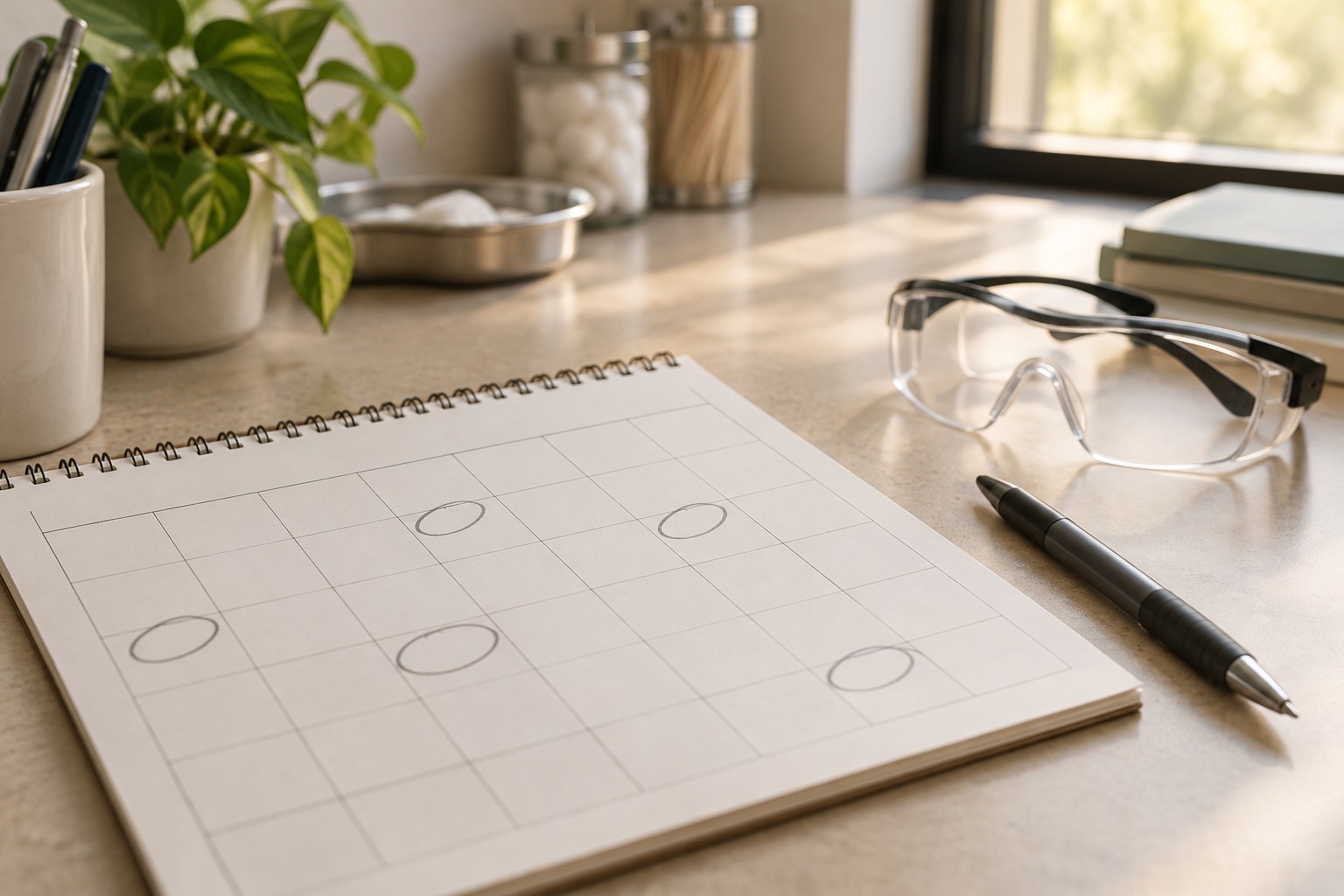 Calendar with treatment dates marked six weeks apart on a clinic desk