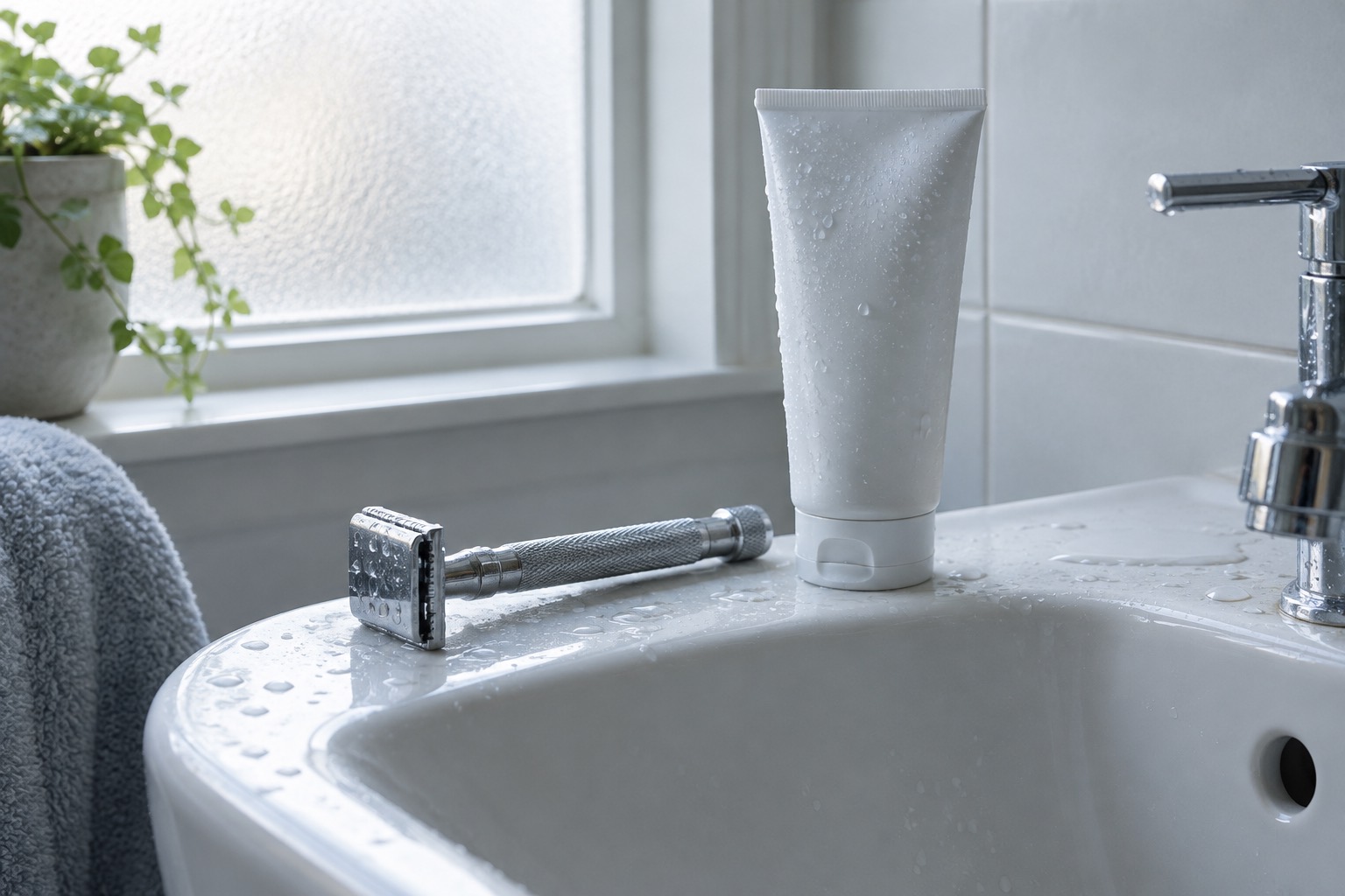 Razor and shaving cream on the edge of a bathroom sink in morning light