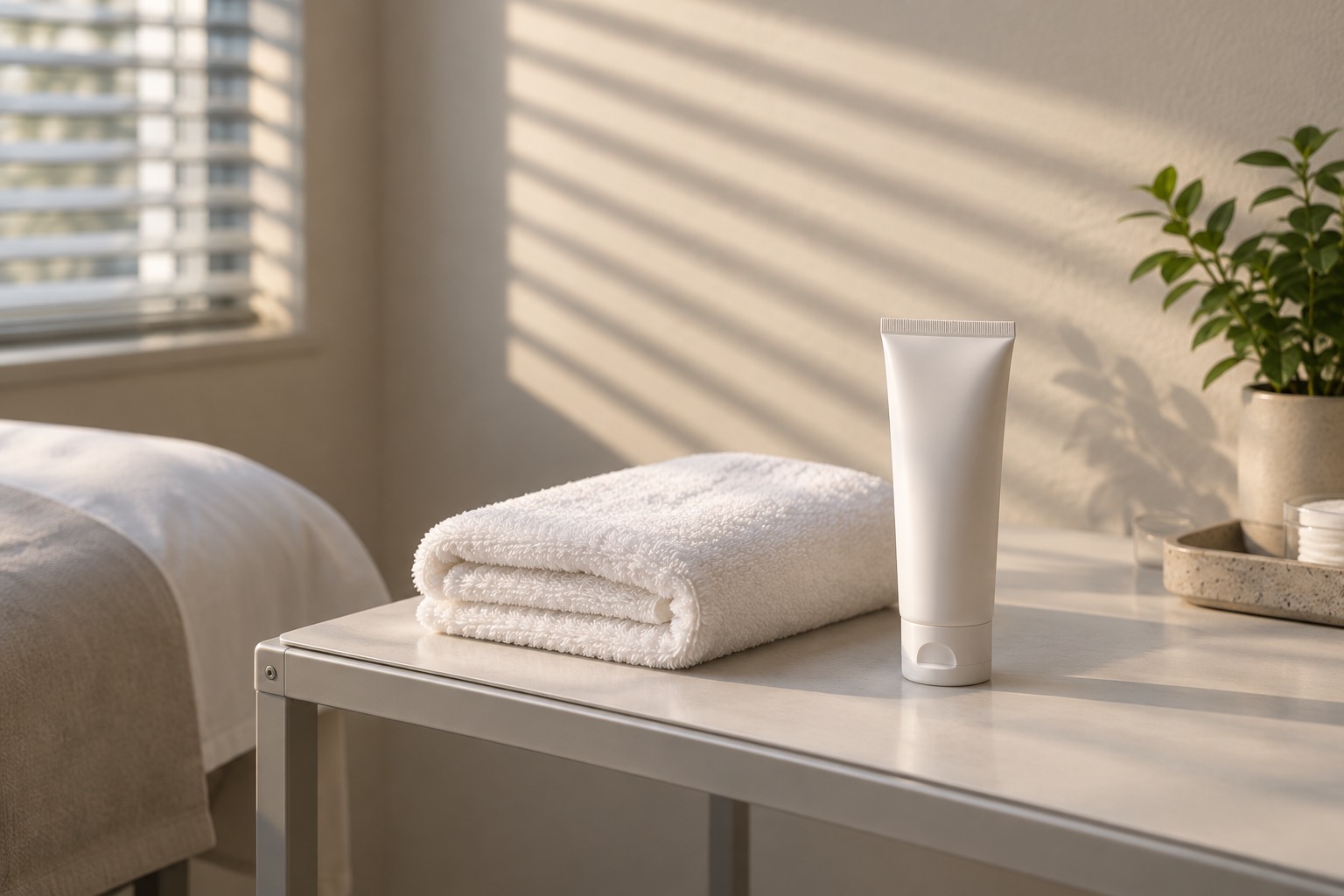 Sun lounger and a folded towel beside a clinic window with a tube of sunscreen on a table