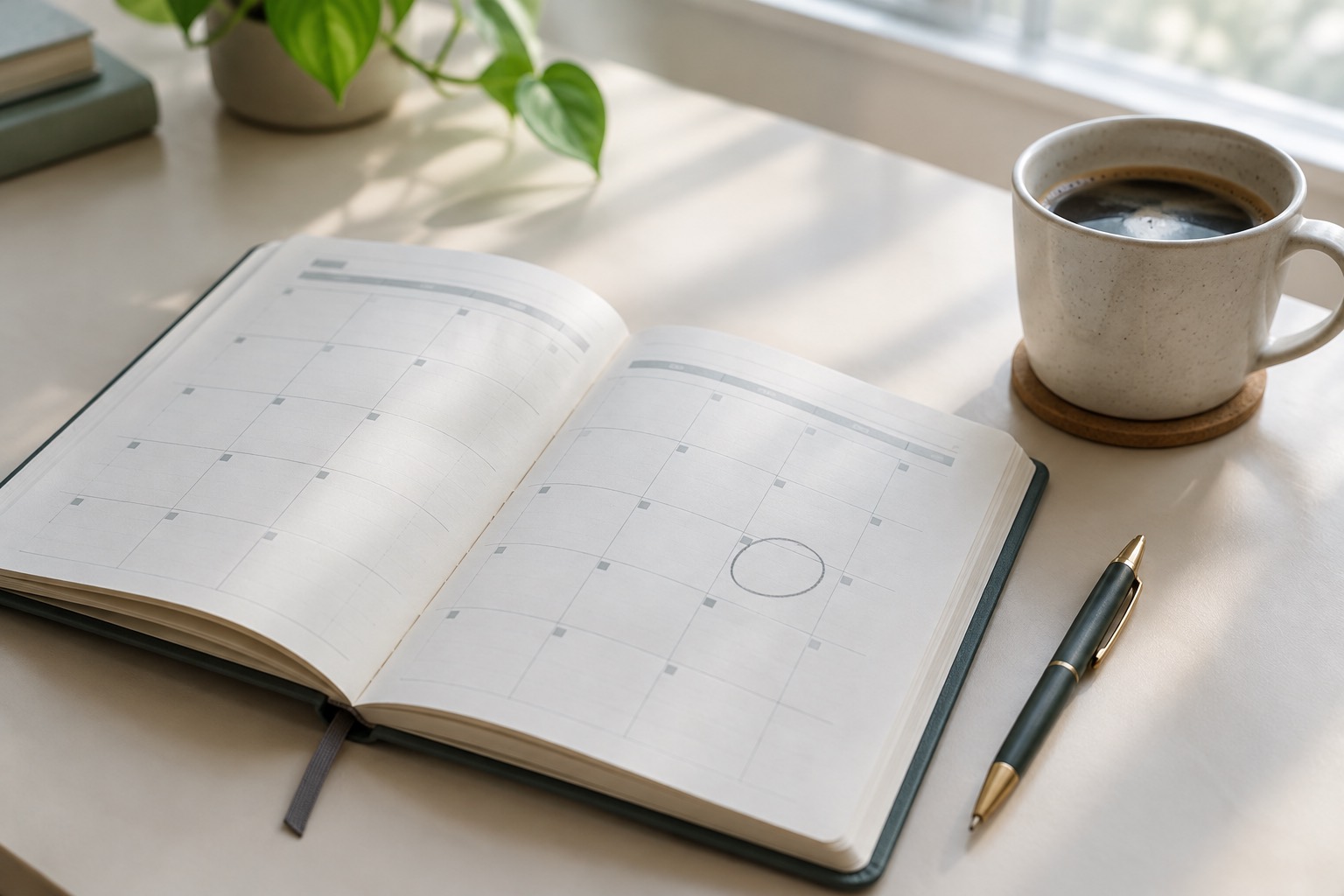 Calendar page with a single appointment circled in pencil on a clinic desk