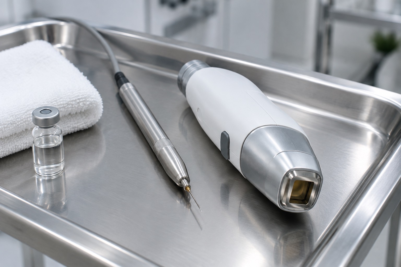 A fine electrolysis probe beside a laser handpiece on a stainless clinic tray