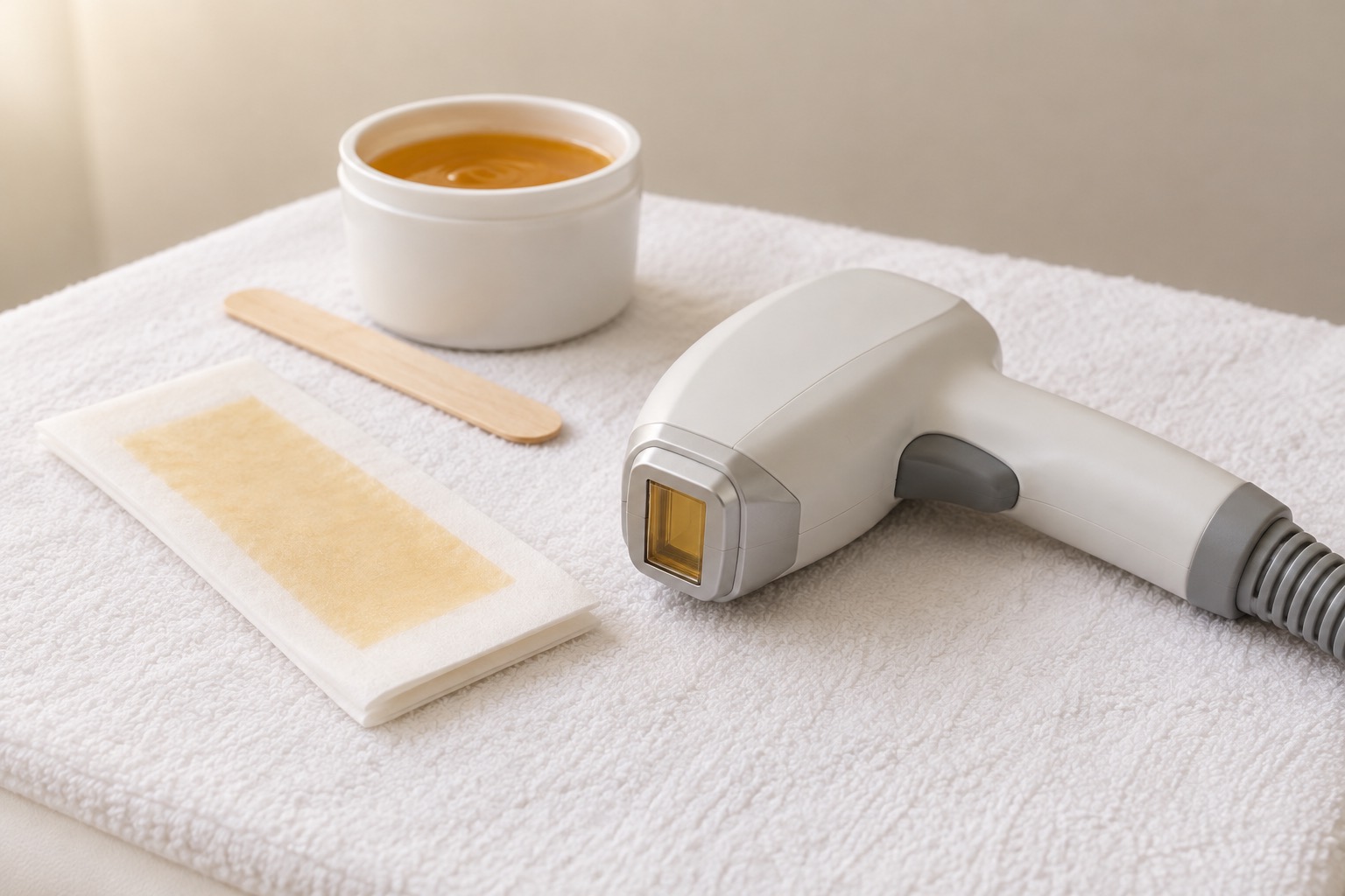 A wax strip and a laser handpiece side by side on a clean treatment towel