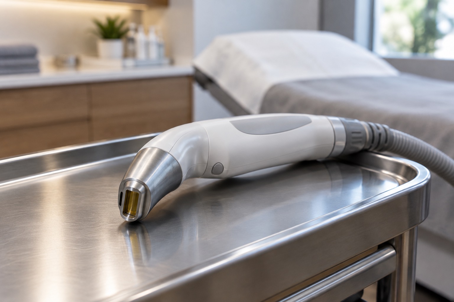 Handheld laser hair removal device resting on a tray beside a treatment bed