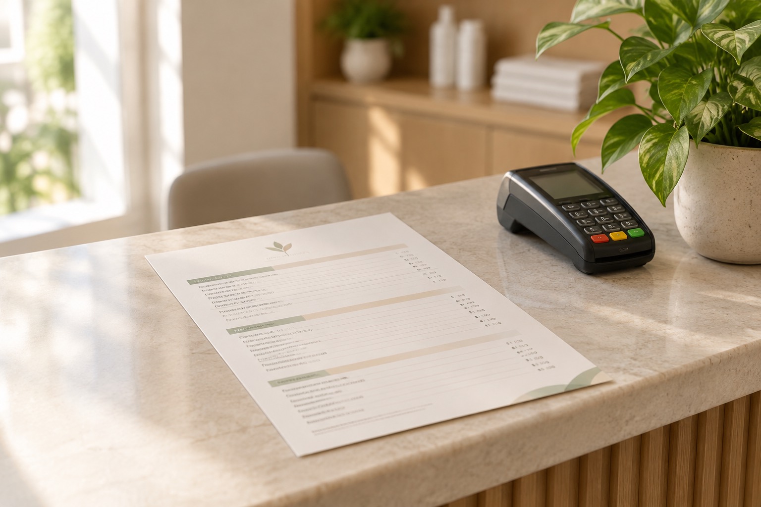 Printed price list on a clinic counter beside a card reader
