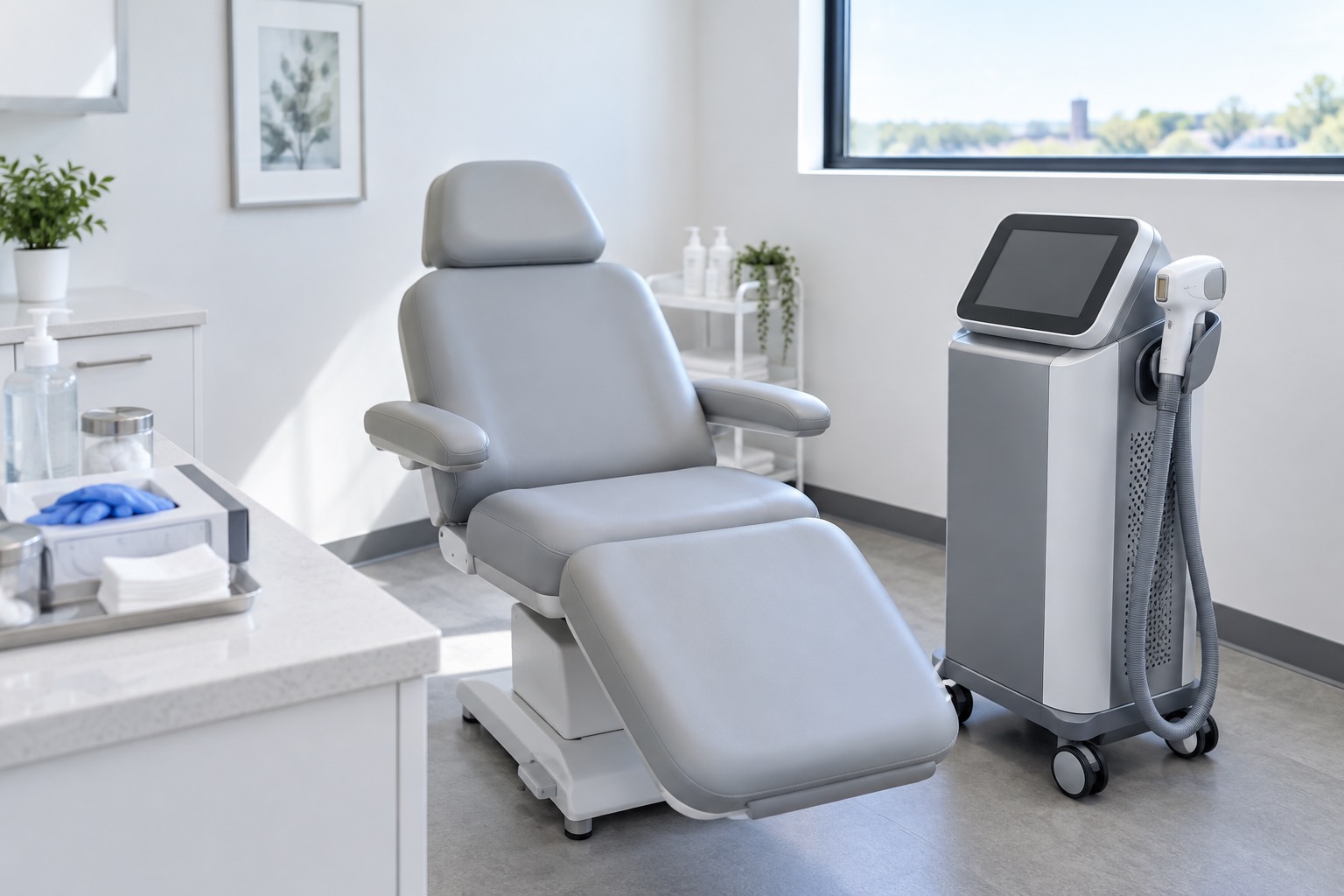 Laser hair removal room with a diode laser device at a clinic in Wichita, Kansas
